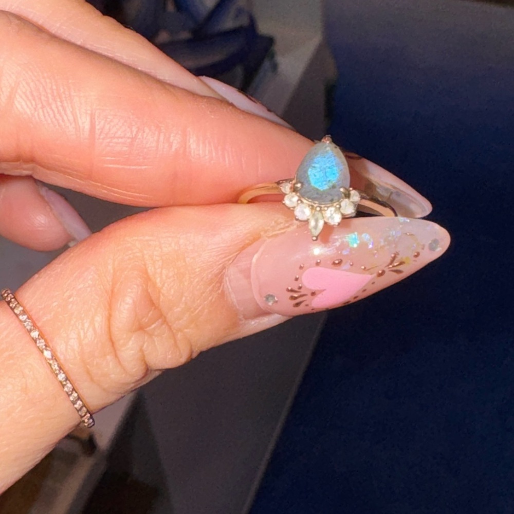 LOCAL ECLECTIC Solid Gold Labradorite Pear Dew Drop Moissanite Halo Dainty Ring - Picture 3 of 9